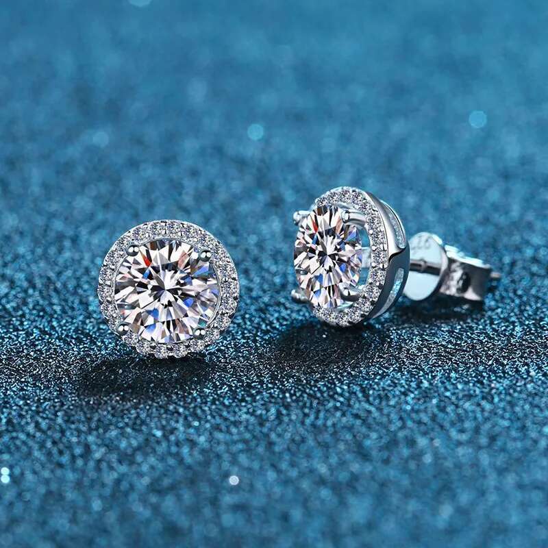 S Sier 50 Points - 2 Carat Moissanite Round Bag Classic Earrings Wedding Daily Work Party Travel Women's Gift