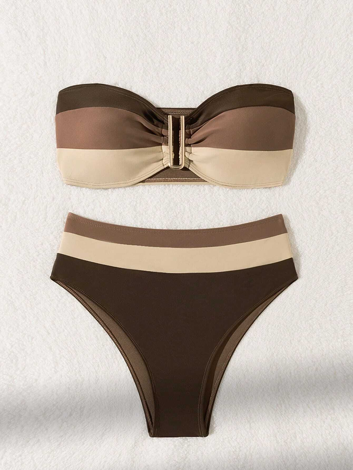 Women's Bikini Chest-wrapping Design U-shaped Metal Ring on the Chest Color-blocking Splicing Fashionable and Sexy