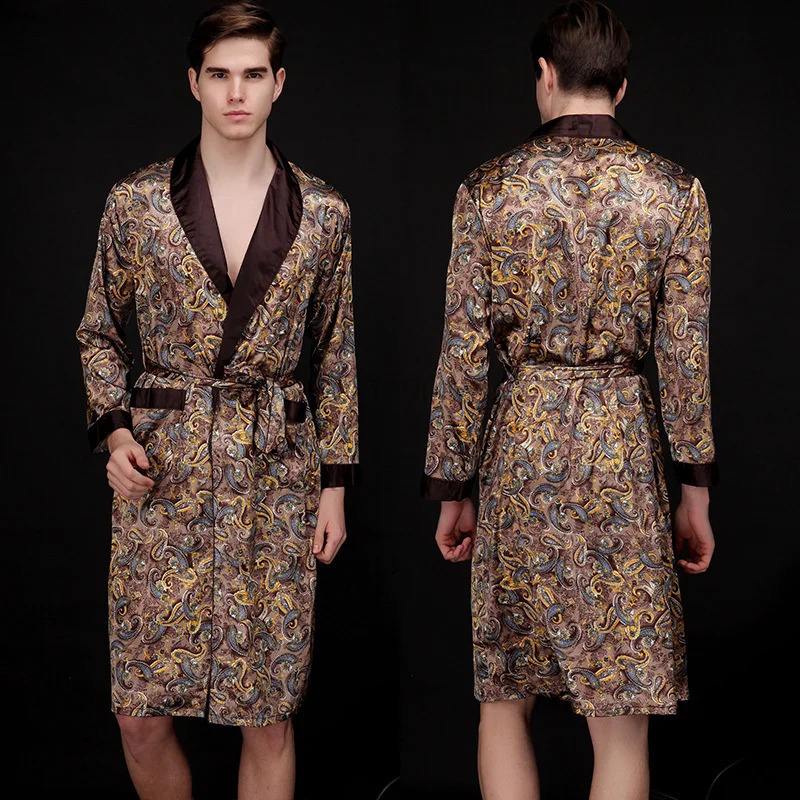 Ice Silk Robe Mens Casual Home Clothing Printed Shirts and Pants Summer and Autumn Collection Bathroom Loose Pocket Evening Dress Lounge 250409
