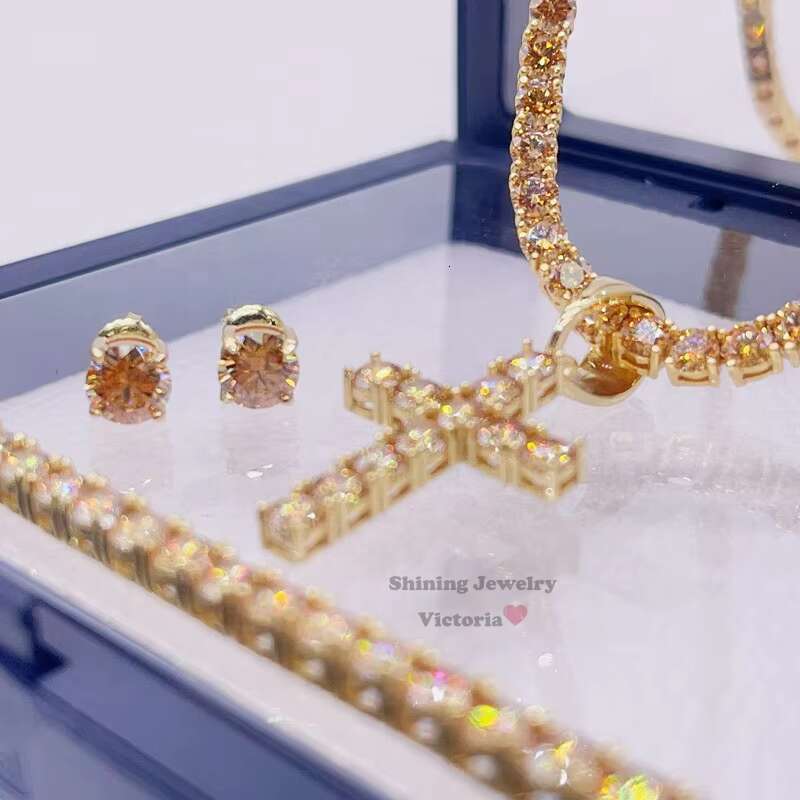 4MM Sterling Silver Yellow Gold Champagne Color Moissanite Cross Charm Jewelry Set Tennis Chain Set with 6.5mm Stud Earrings