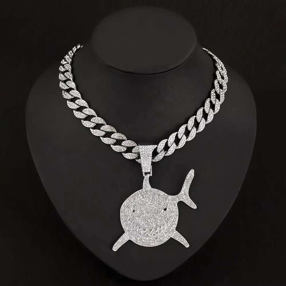 DHCollections Hip Hop Shark Pendant Necklace with 15mm Iced Out Cuban Link Chain Bling Alloy Accessory for Men Women 18-20 Inch 1 Piece