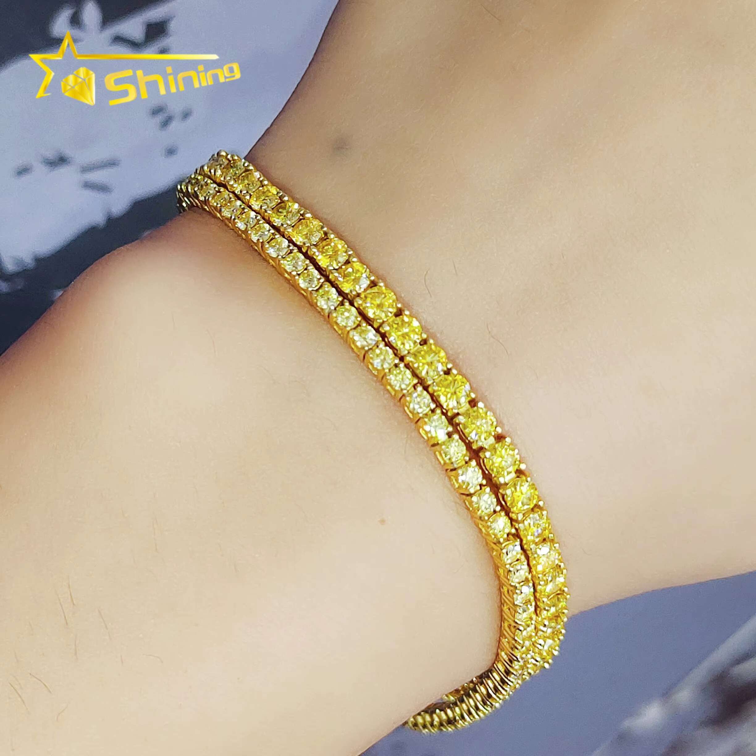 18K Gold Plated Iced Out Vvs Diamond Tennis Chain 2mm 3mm Golden Yellow Moissanite Tennis Bracelet Necklace for Men and Women