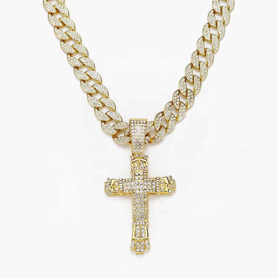 DHcollection Iced Out 15mm Width Cuban k Chain With Hip Hop Alloy and Rhie Big Buckle Cross Pendant Necklace