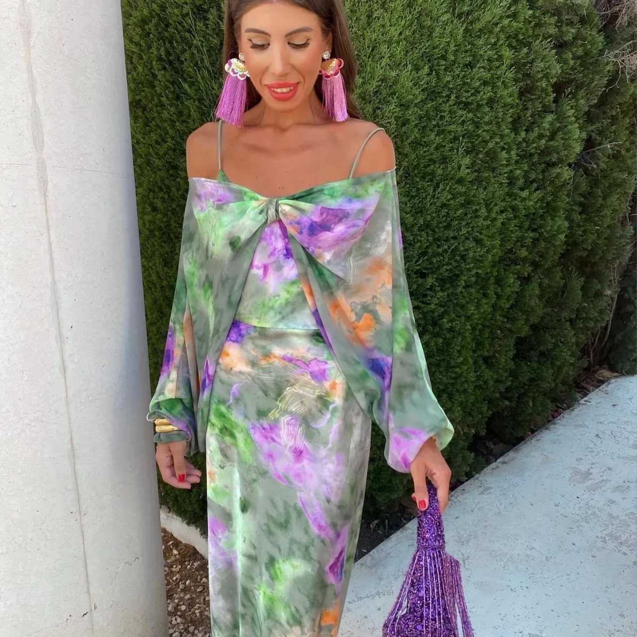 Elegant floral polyester womens shoulder strap dress beach high-end vacation set autumn long sleeved casual chic styleXJ250416
