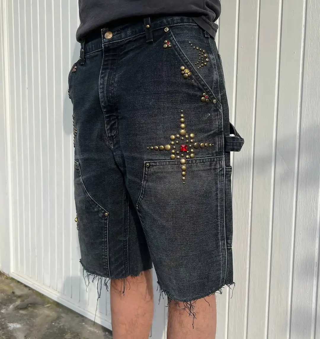 American Harajuku Set Gemstone Retro Washed Denim Shorts Mens Street Hip Hop Rap Fashion Y2K Tassel Jeans Z250416