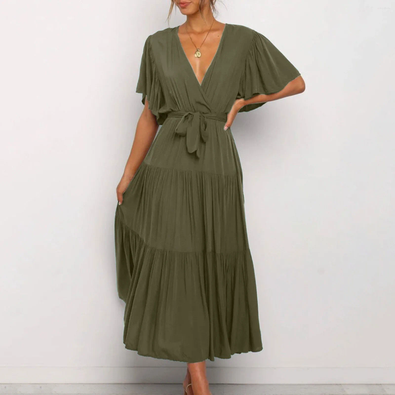 CNLONGBIDA Casual Dresses For Women 2025 V Neck Commuting Printed Short Sleeved Waist Long Skirt Bohemian Dress Ropa Para Mujer