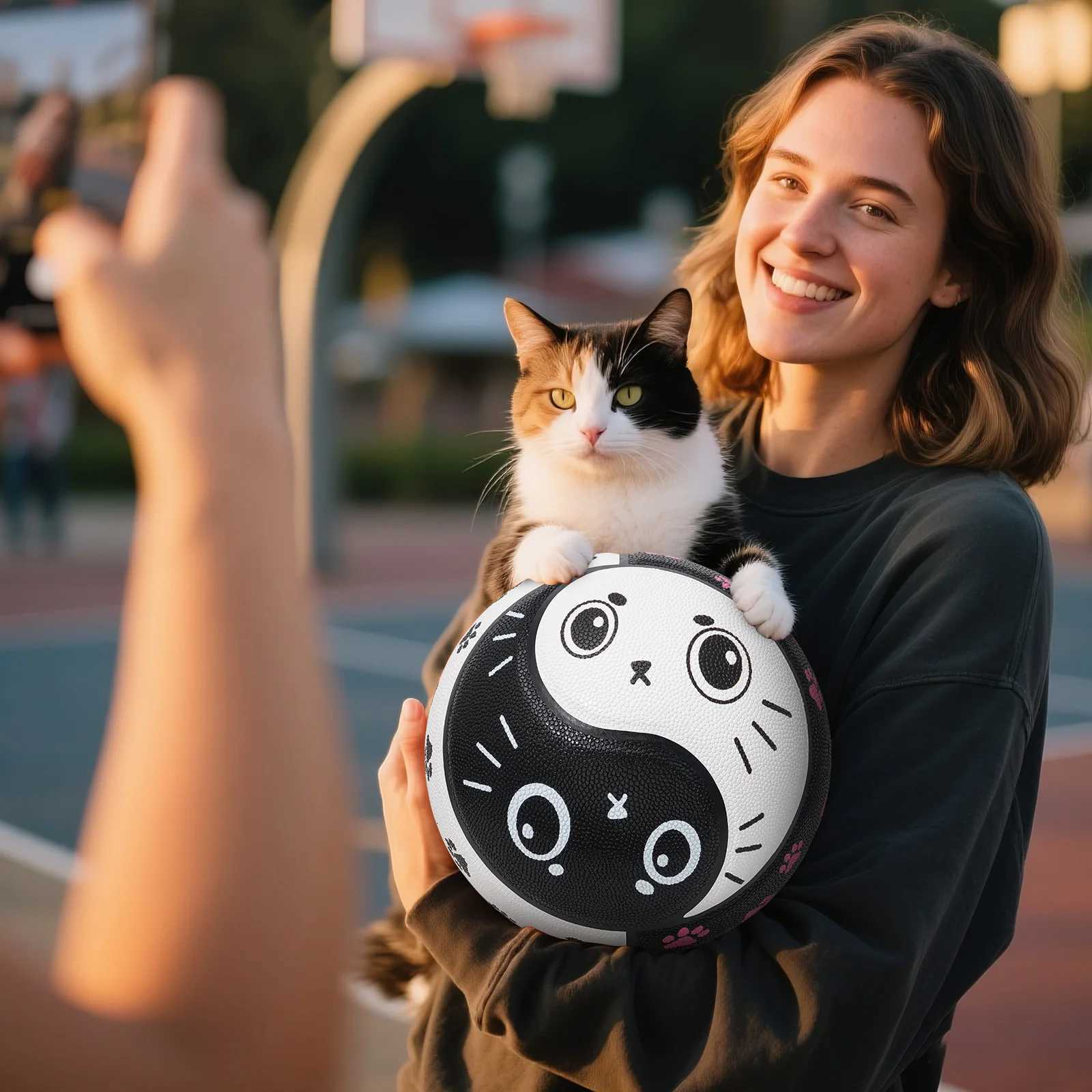 Kuangmi PU Basketball Tai Chi Design with Cute Cat Prints Indoor/Outdoor Use High Bounce Anti-Slip Size7 295 KMbb621W251115