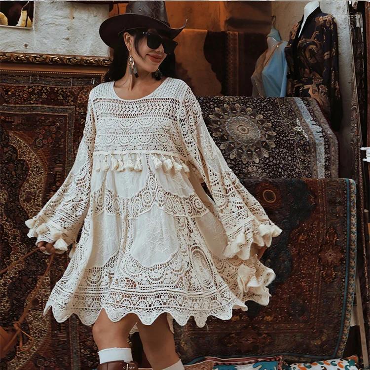 Casual Dresses Spring Autumn Original Design Women Bohemia Style Hollow Out Crochet Lace