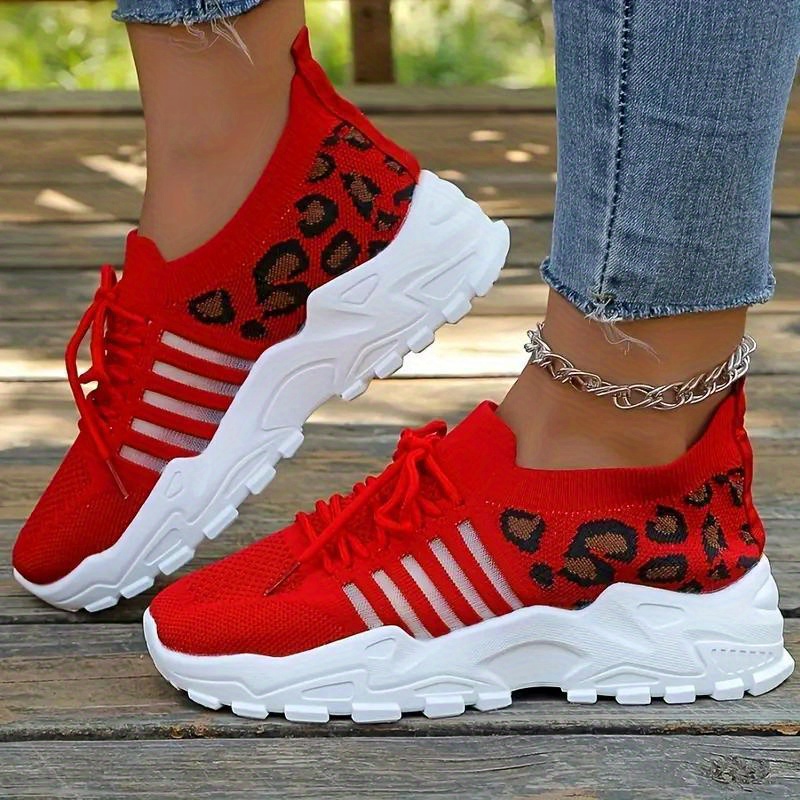 Women's Plus Size Breathable Knit Sneakers Leopard Print Striped Detail, LaceUp Running Shoes with Comfortable Platform Sole