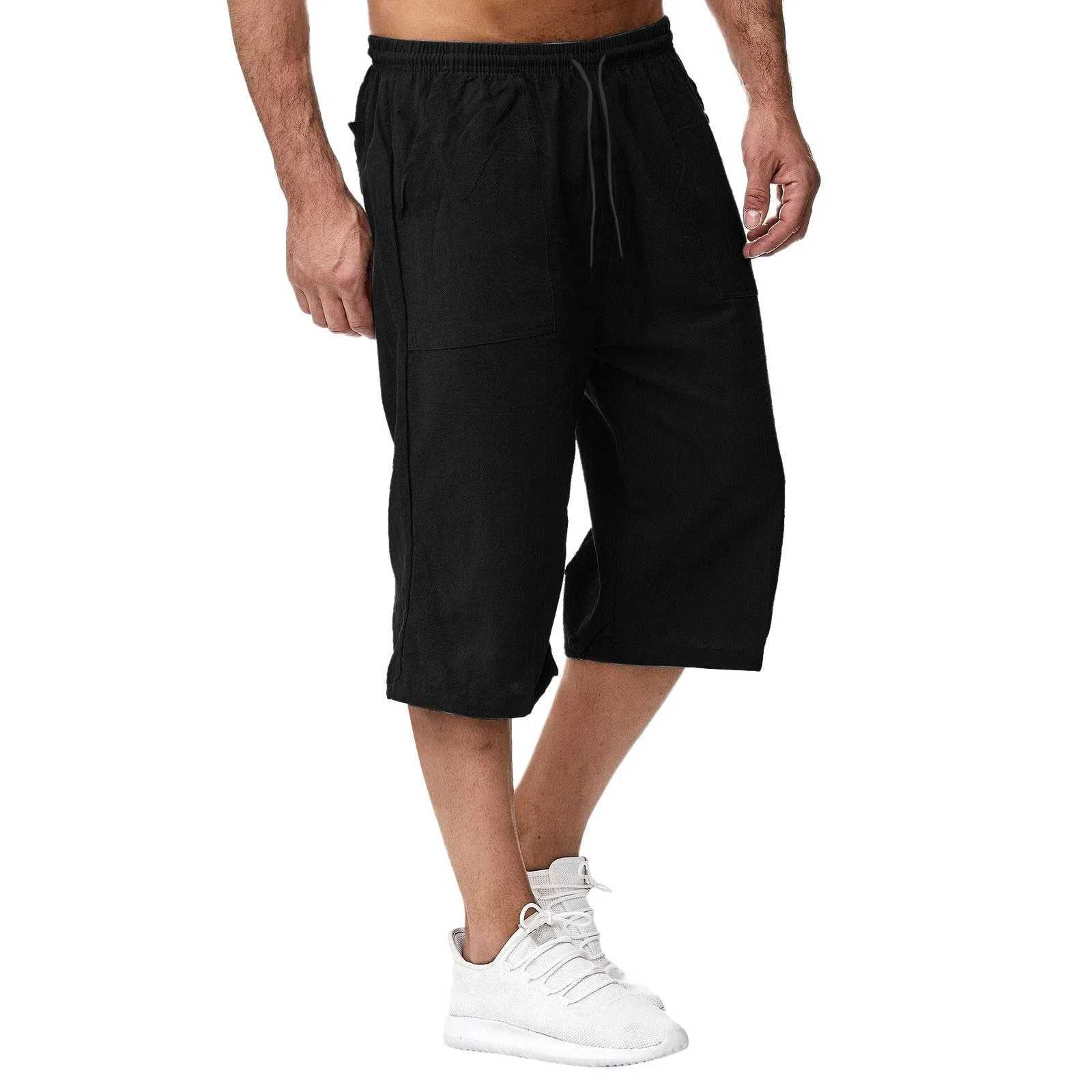 Mens Cropped Pants Drawstring Pocket Sweatpants Sport Jogging Casual Long Pants Beach Breathable Capri Trousers Z250513