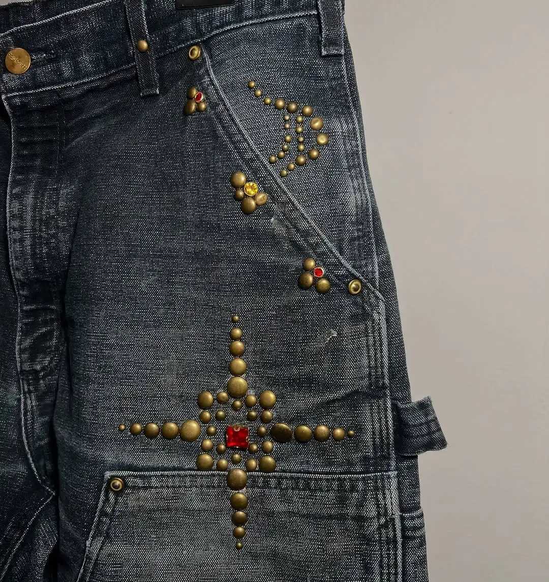 American Harajuku Set Gemstone Retro Washed Denim Shorts Mens Street Hip Hop Rap Fashion Y2K Tassel Jeans Z250416