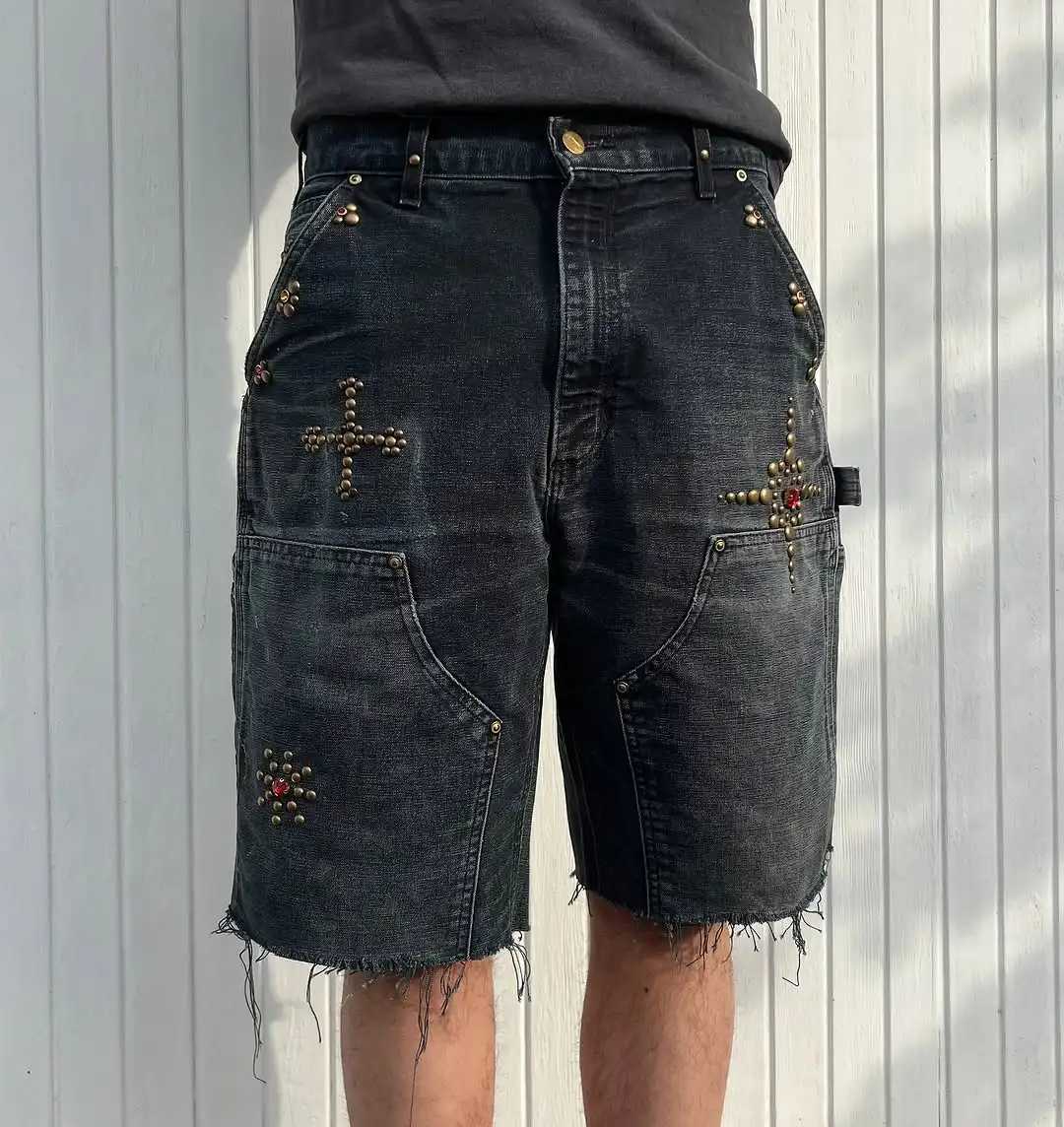 American Harajuku Set Gemstone Retro Washed Denim Shorts Mens Street Hip Hop Rap Fashion Y2K Tassel Jeans Z250416