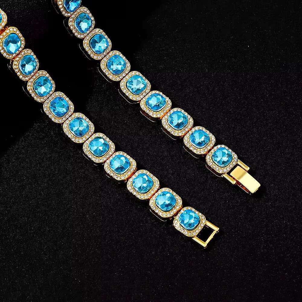 DHCollections Iced Out Cuban Link Chain Necklace 12mm Wide Blue Gem Tennis Style Hip Hop Accessory Gold Silver Color for Men Women 18-24 Inch 1 Piece