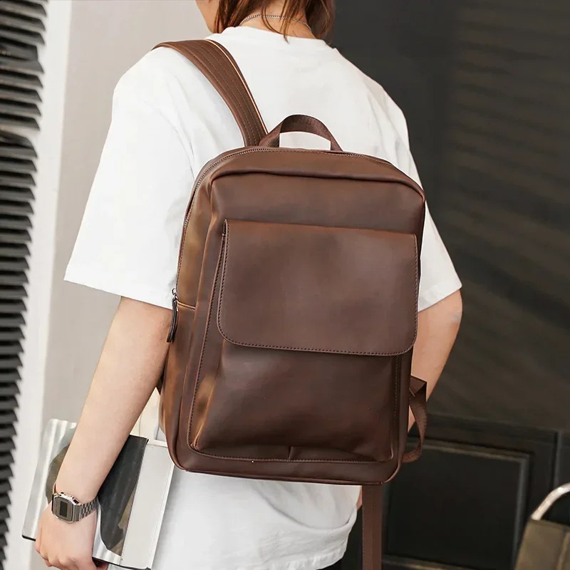 Retro fashion laptop men Korean flip cover mens high-quality PU leather travel backpack for students 250410