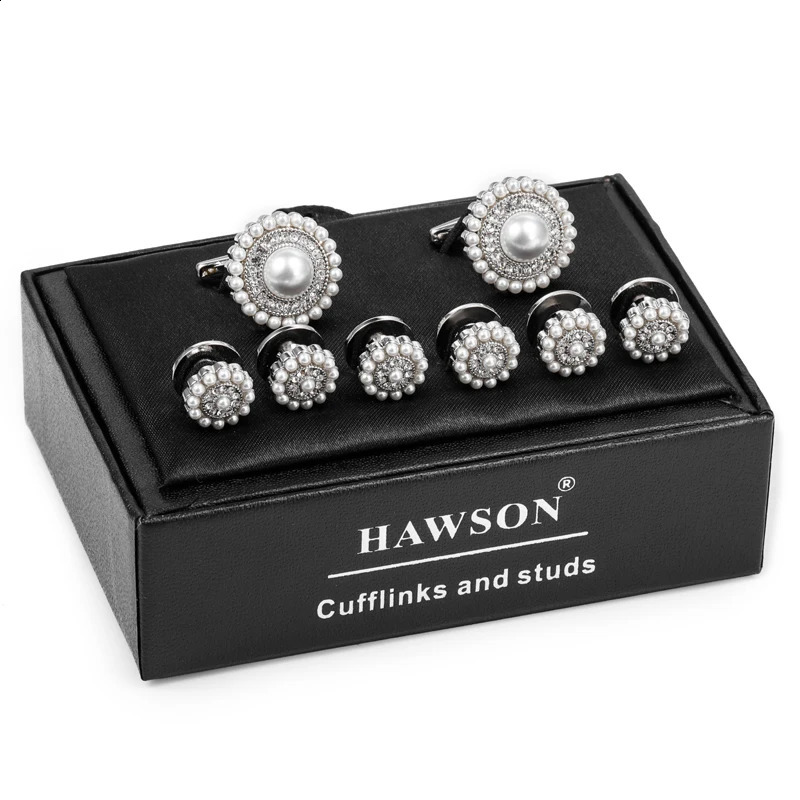 Hassons elegant mens cufflink stud set classic white pearl and crystal tailcoat shirt carved Hasson cuffs 250415