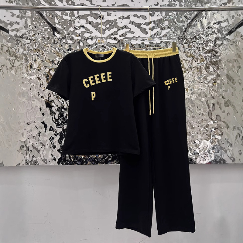 Women's Designer Heavy Industry Color blocked Embroidered Short sleeved T-shirt and Casual Pants Set for women