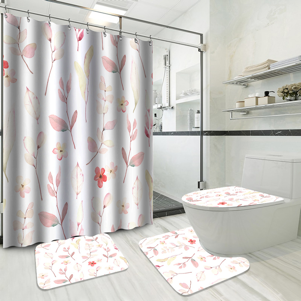 YL-37725 Hot Selling Shower Curtain 4-Piece Set, Green Plant Series, Waterproof and Mildew-Proof Shower Curtain, No Drilling Required