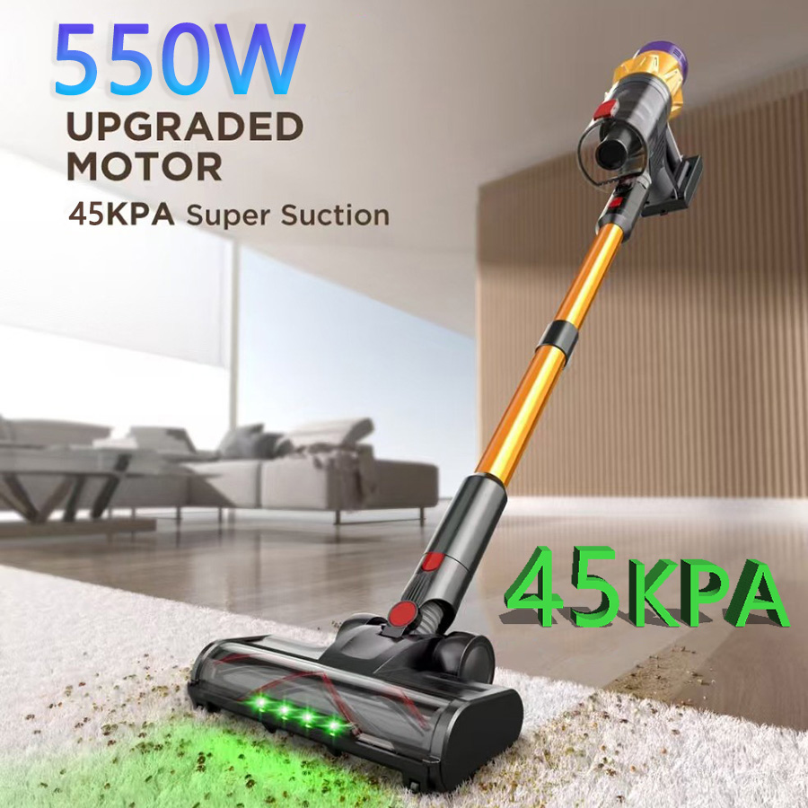 Lightweight Cordless Stick Vacuum Cleaner - 550W Power, 45KPa Suction, 55 Minute Runtime with Wall Mount Charging & Self-Standing Feature - Gold