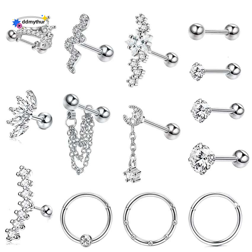 Stainless Steel Stud Earrings for Women Men Star Moon Snake Cartilage Screw Back Earring Helix Piercing Jewelry ddmythur