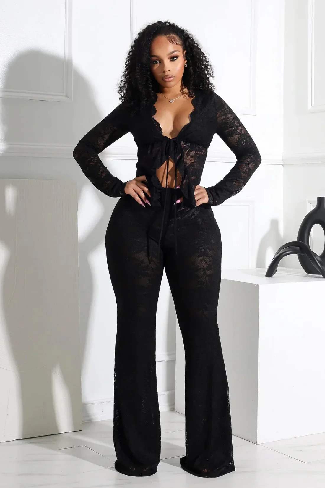 Womens Set Long Sleeve Lace See Through Shirt Long Pants Street Evening Sexy Two 2Piece Sets Outfits Tracksuit 250415