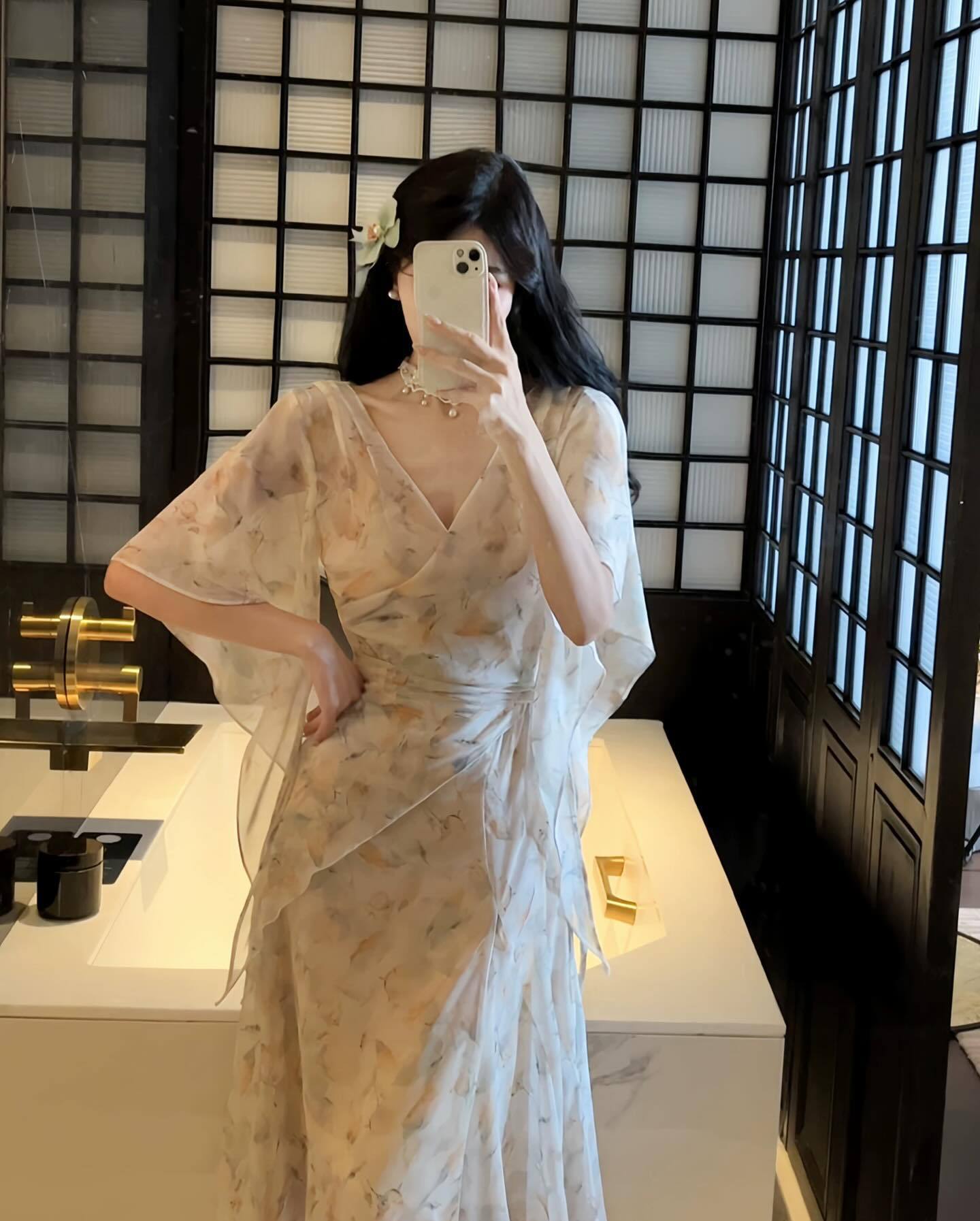 Y100 Sleeve Chiffon Floral Dress Waist Irregular Fairy Long Dress