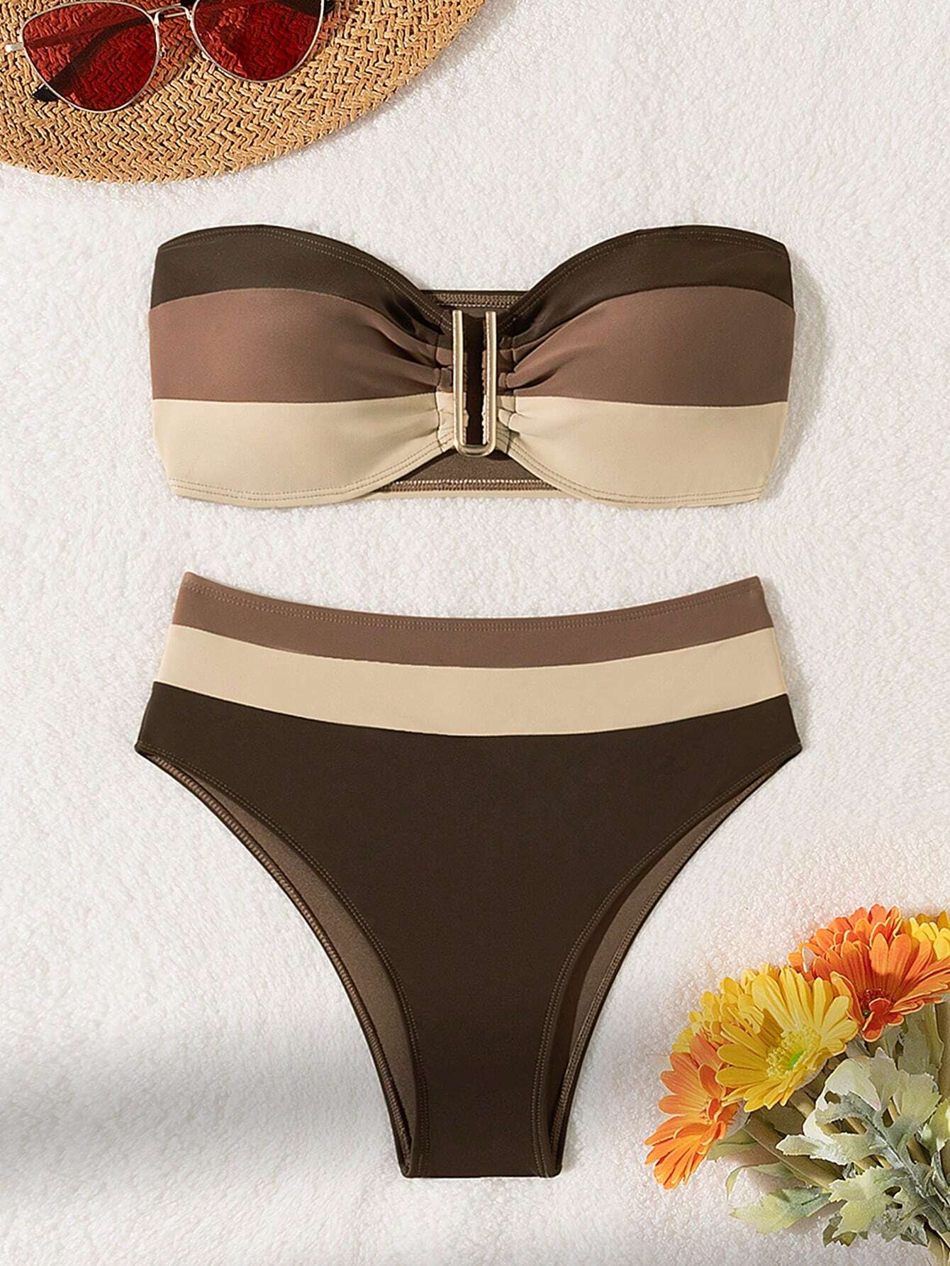 Women's Bikini Chest-wrapping Design U-shaped Metal Ring on the Chest Color-blocking Splicing Fashionable and Sexy