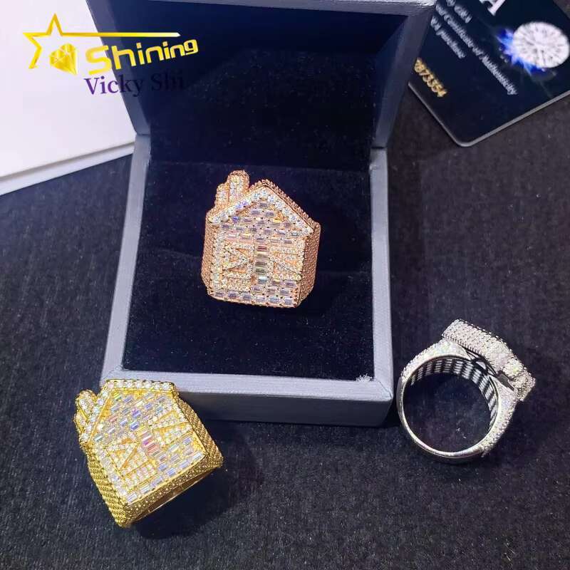 Fine Jewelry 925 Solid Silver House Style Iced Out Baguette Moissanite Diamond Ring Custom Moissanite Men Hip Hop Rings