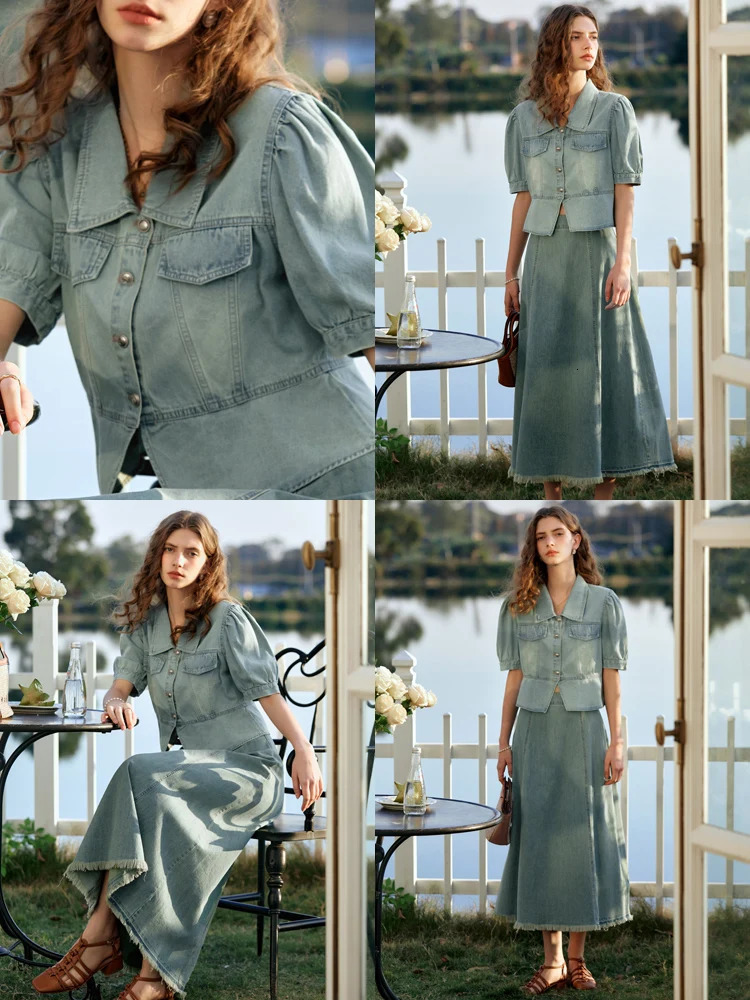 OLrain Retro Denim Technology Set Lyocell Short Sleeve Puff Top Washing Aline Technology 2025 SpringSummer Two Piece O24XE90921 250414Z