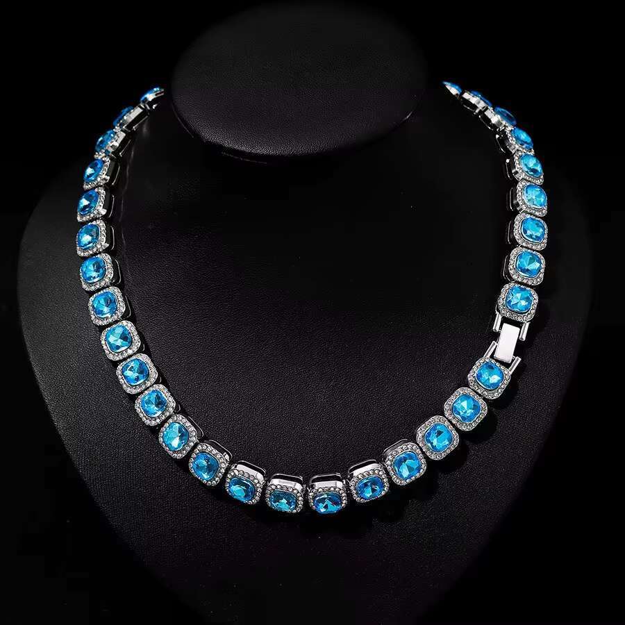DHCollections Iced Out Cuban Link Chain Necklace 12mm Wide Blue Gem Tennis Style Hip Hop Accessory Gold Silver Color for Men Women 18-24 Inch 1 Piece