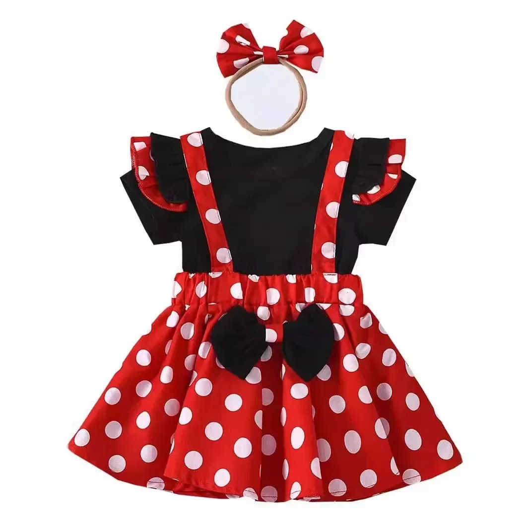 Disney Minnie Mouse Girl Suit Childrens Dress Baby Clothes Set Summer Birthday Costume Polka Dot Sundress Bow Headband Skirt Set W20250416