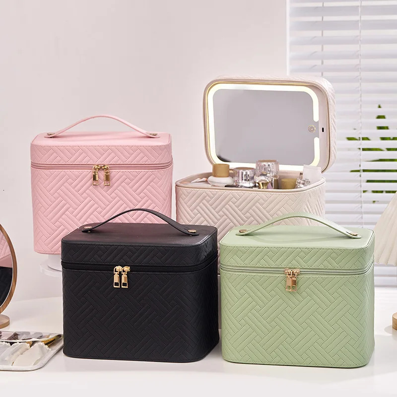waterproof makeup bag with LED light mirror large travel makeup organizer portable toilet case woven pattern 250409