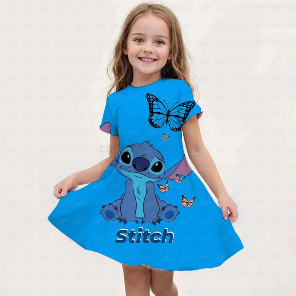 Disney Summer Disney Stitch And Angel Dress For Girls Women Short Sleeve Costume Princess Party Dresses Children Skirt Toddler Clothes W20250416