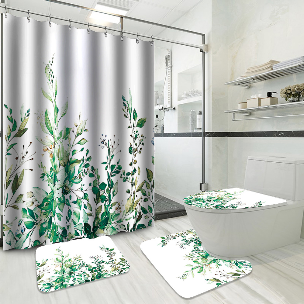 YL-37721 Hot Selling Shower Curtain 4-Piece Set, Green Plant Series, Waterproof and Mildew-Proof Shower Curtain, No Drilling Required