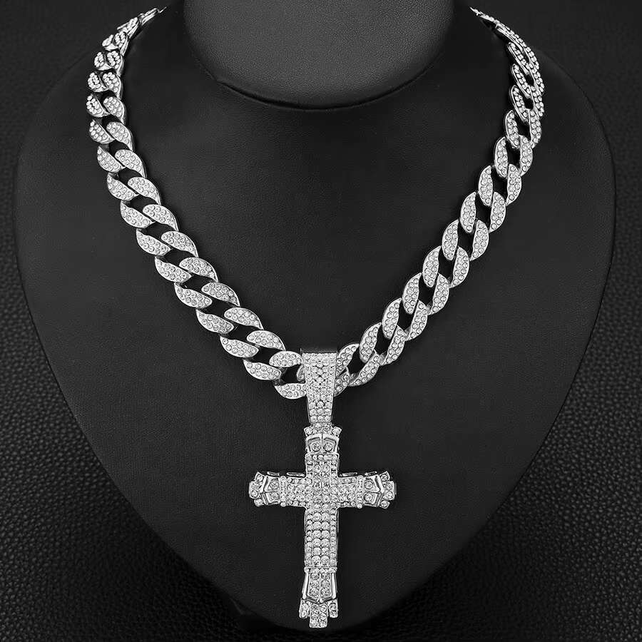 DHcollection Iced Out 15mm Width Cuban k Chain With Hip Hop Alloy and Rhie Big Buckle Cross Pendant Necklace
