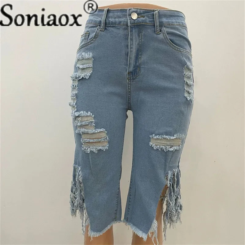 Summer Bermuda Shorts Women Ripped Cotton Knee Length High Waist Casual Denim Shorts Ladies Blue Sexy Straight Jean Shorts 250415