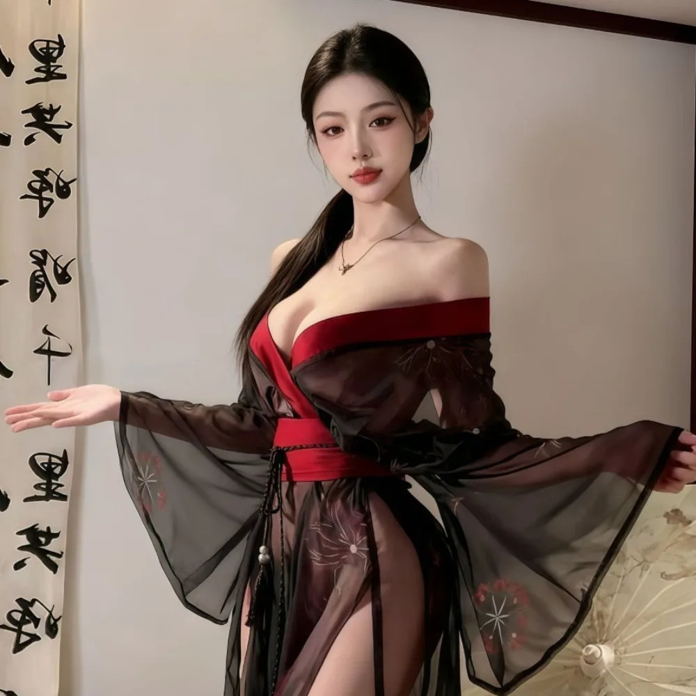 Erotic Transparent Women Kimono Set Cute Japanese Printed Sexy Pajama Gauze Ancient Hanfu Bathrobe Lingerie Maid Uniform 251114