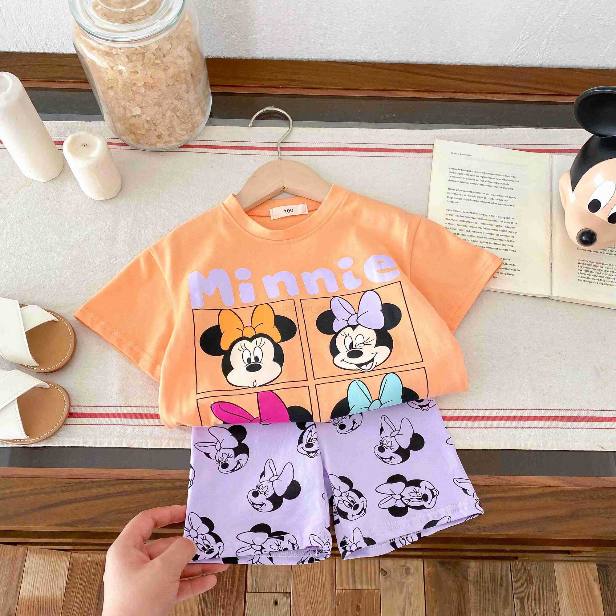 Disney Summer Minnie Disney printed T-shirt casual fashion set girls baby short sleeved sportswear cute Tshirts for kids slim fit set W20250416