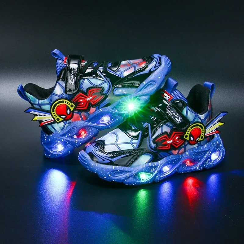 Disney Boy Spider Man sneakers Disney LED childrens sneakers student shoes fashionable anti slip childrens outdoor shoes Pu leather shoesXJ250416
