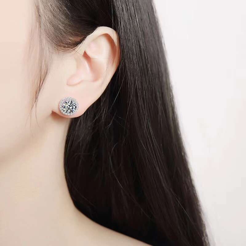 S Sier 50 Points - 2 Carat Moissanite Round Bag Classic Earrings Wedding Daily Work Party Travel Women's Gift