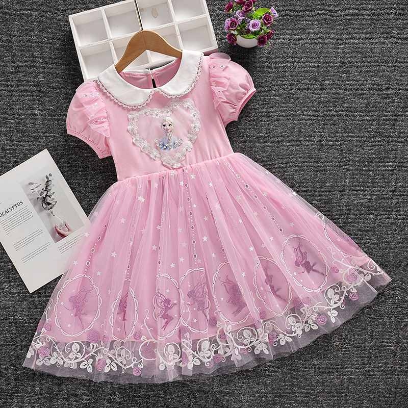DISNEY Baby clothes kids designer clothes Summer short-sleeved cotton lace Elsa dress for Frozen birthday dress Comfortable and soft.