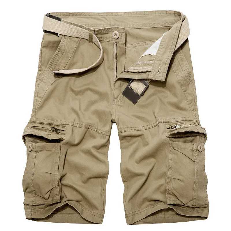 Mens khaki cargo shorts for summer 2023 mens casual military knee length shorts mens multi pocket pure cotton straight shorts without belt 28-40 Z2504