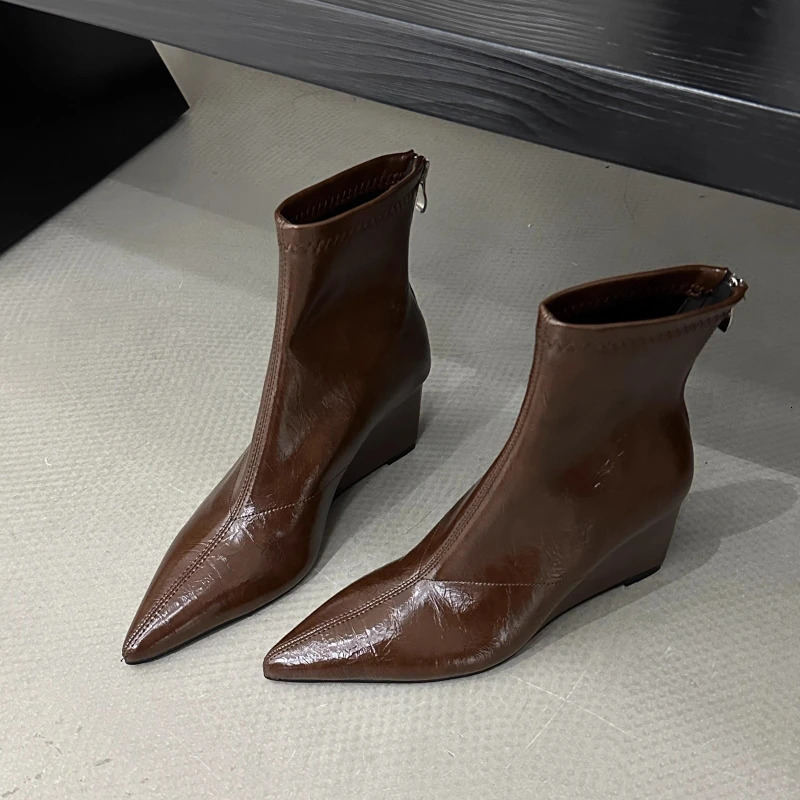 Womens Patent Leather Wedge Ankle Boots Elegant Pointed Toe Footwear Fashion Wedges Heel Party Ladies Pumps Zapatos Mujer 251114 - view 4