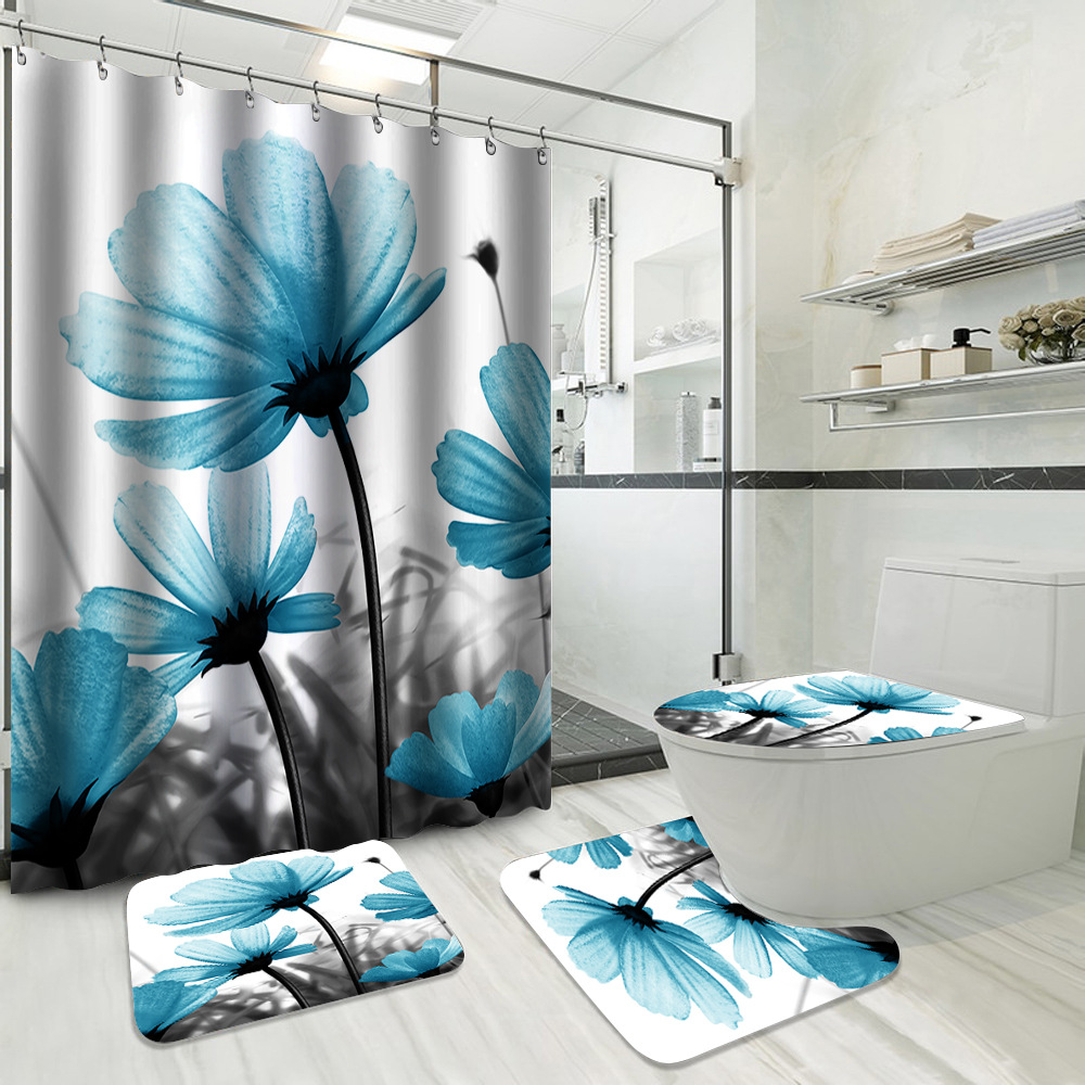 YL-37725 Hot Selling Shower Curtain 4-Piece Set, Green Plant Series, Waterproof and Mildew-Proof Shower Curtain, No Drilling Required