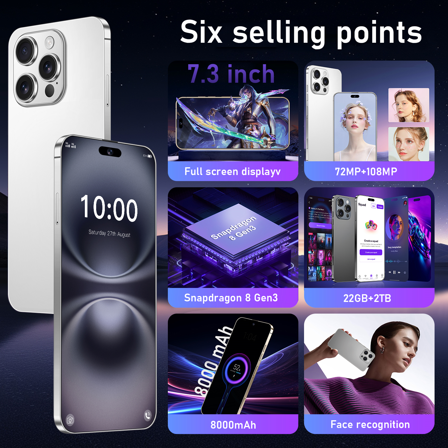Smart phone I16 Pro Max Mobile Phones 7.3-inch HD 16GB+1T 8000mAh Celulares Global Cell Phones 10 Core 5G WiFi Dual SIM Aandroid14