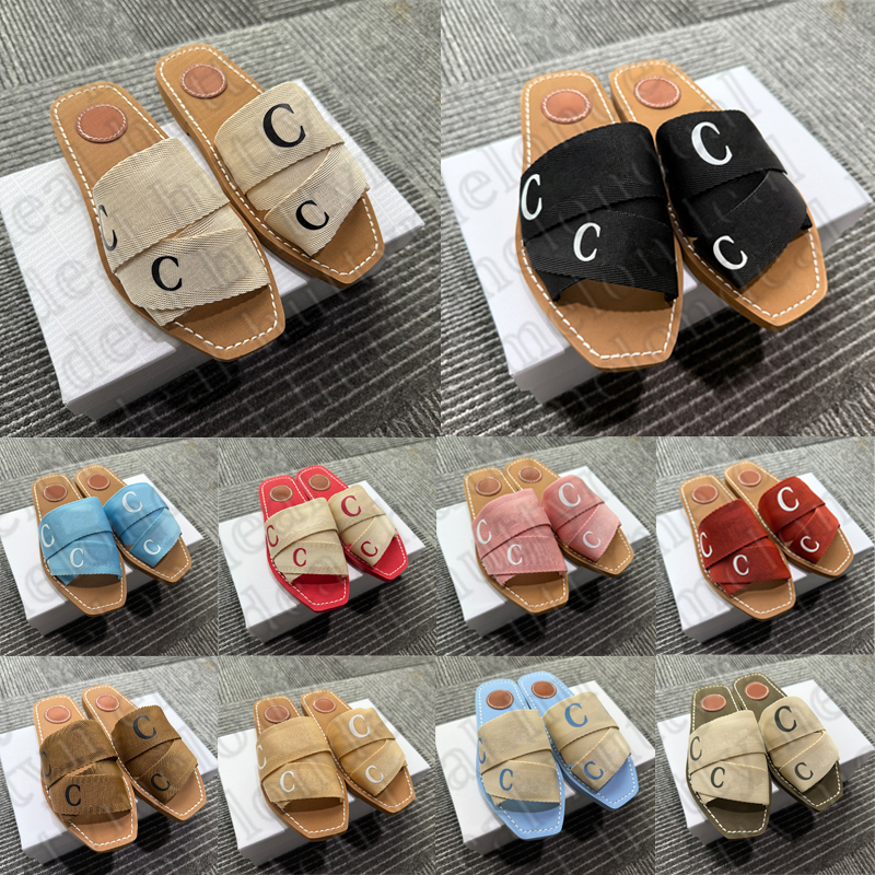 free shipping women slippers designer sandals flat slides light tan beige white black fabric slippers womens summer shoes