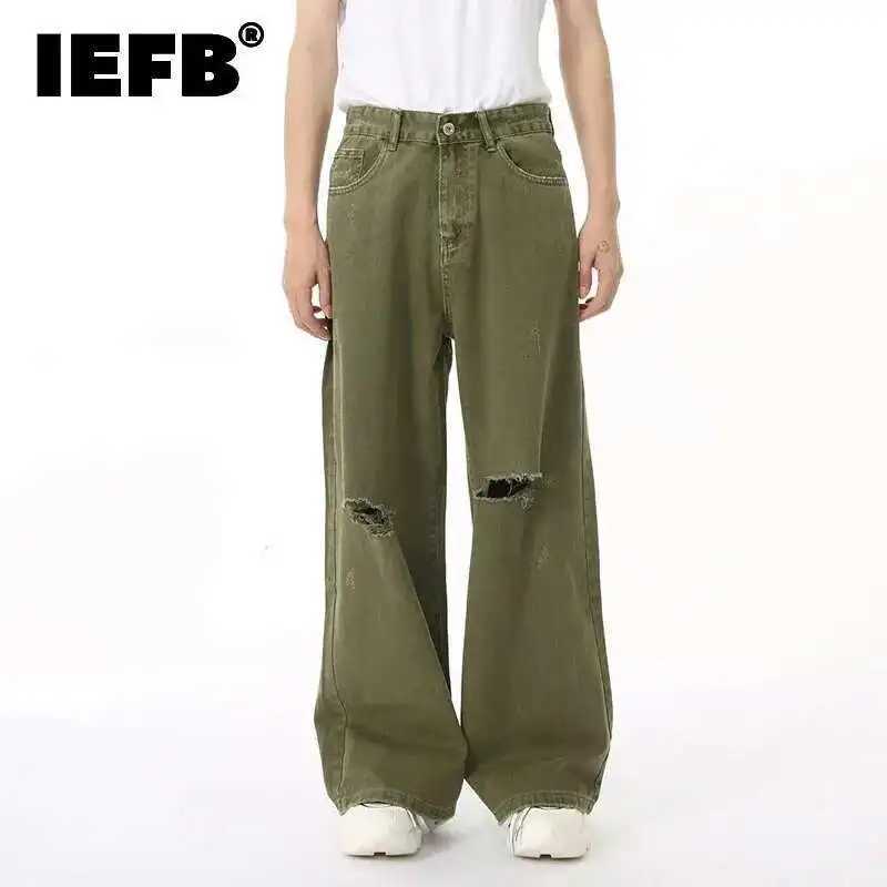 IEFB Mens Jean Vintage New Fashion Men Wear Hole Design Simple Solid Color Autumn Korean Straight Denim Pants Green 9C6950 H251115