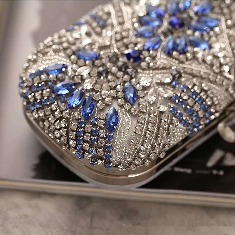 Women Party Blue Evening Wedding Purse Crystal Chain Shoulder Bag High Quality Rhie Female Clutch