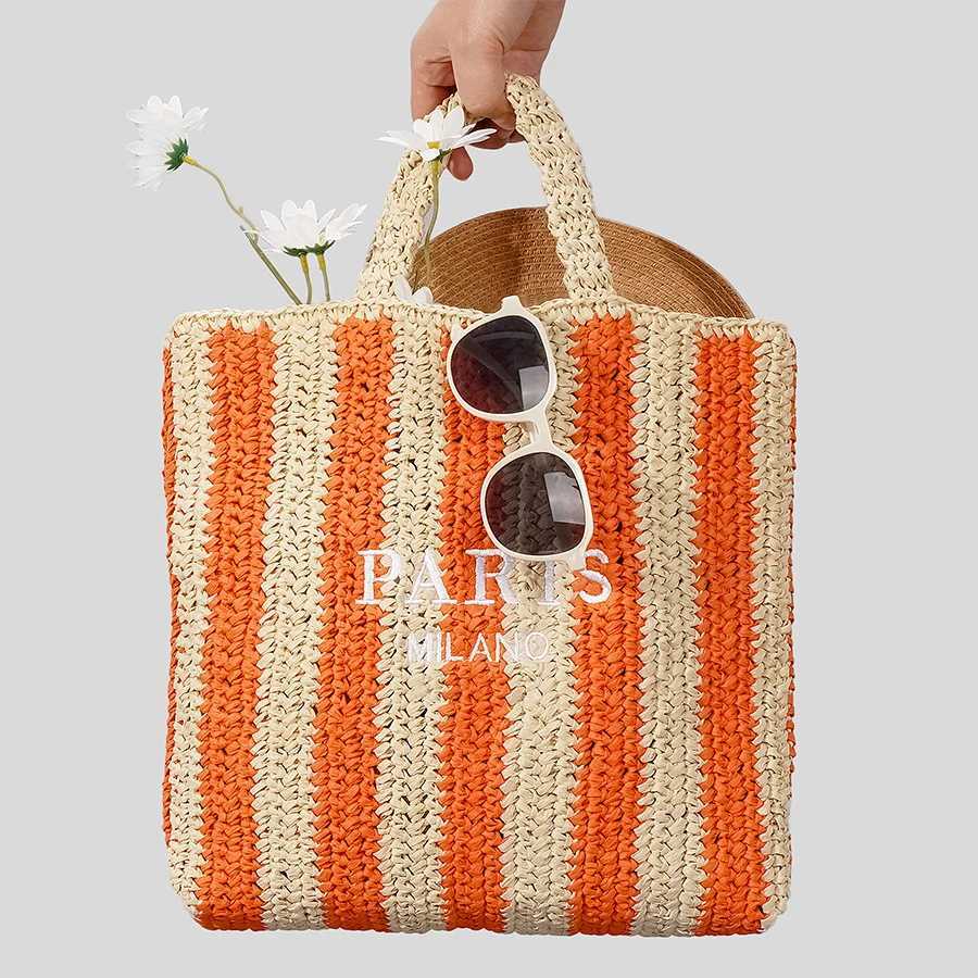 Womens designer handbag summer striped straw bag candy colored travel beach bag 2024 handmade paper rope handbag Z250416