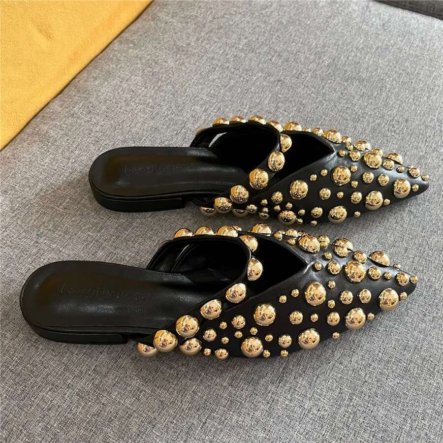 Punk Slippers for Women Rivets Studded Pointed Toe Summer Gladiator Sandals Flat Beach Shoes Female Slides Outside Mules