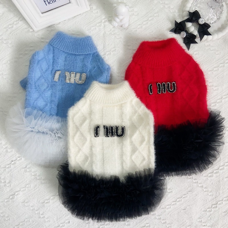 Designer Dog Clothes Luxury Pet Dress Knitted Sweater with Tulle Skirt, Rhinestone Letter Design Dog Clothes for Small Medium Dogs Y401
